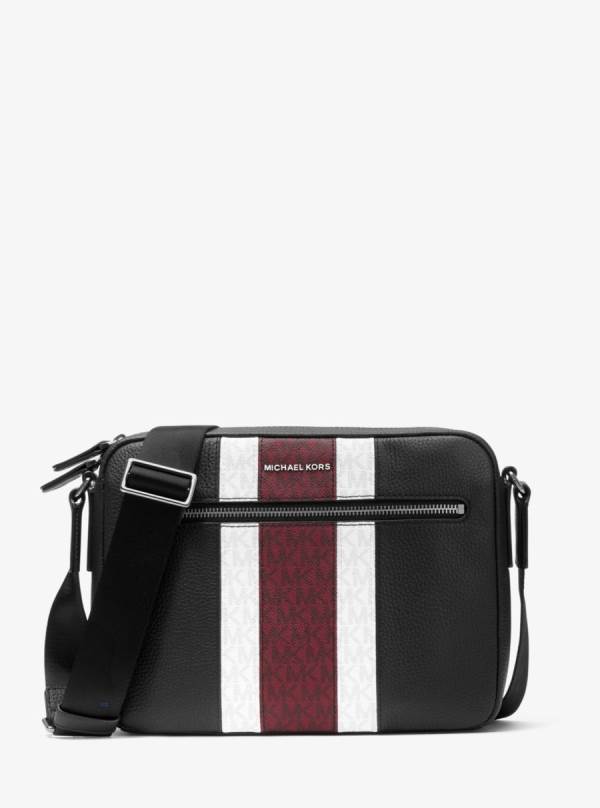 Panske Crossbody Kabelka Michael Kors Hudson Pebbled Leather and Logo Stripe Camera Čierne - Tasky Michael Kors Obchod | LICKY-3082